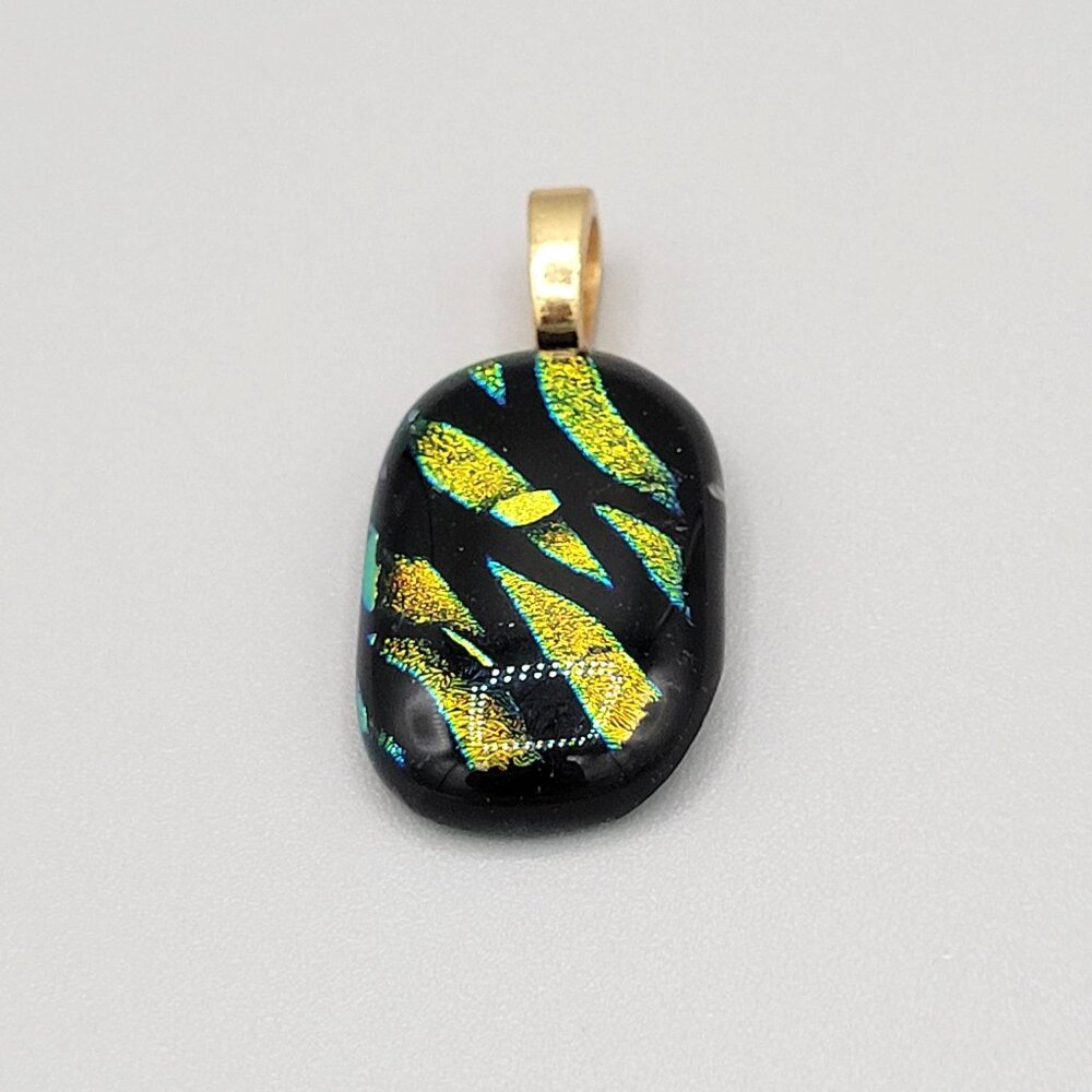 Dichroic Glass Pendant With Gold Tone Bail Shiny Glittery Green Black